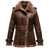 Brown Shearling Faux fur Lined Pure Sheepskin Leather Coat For Women